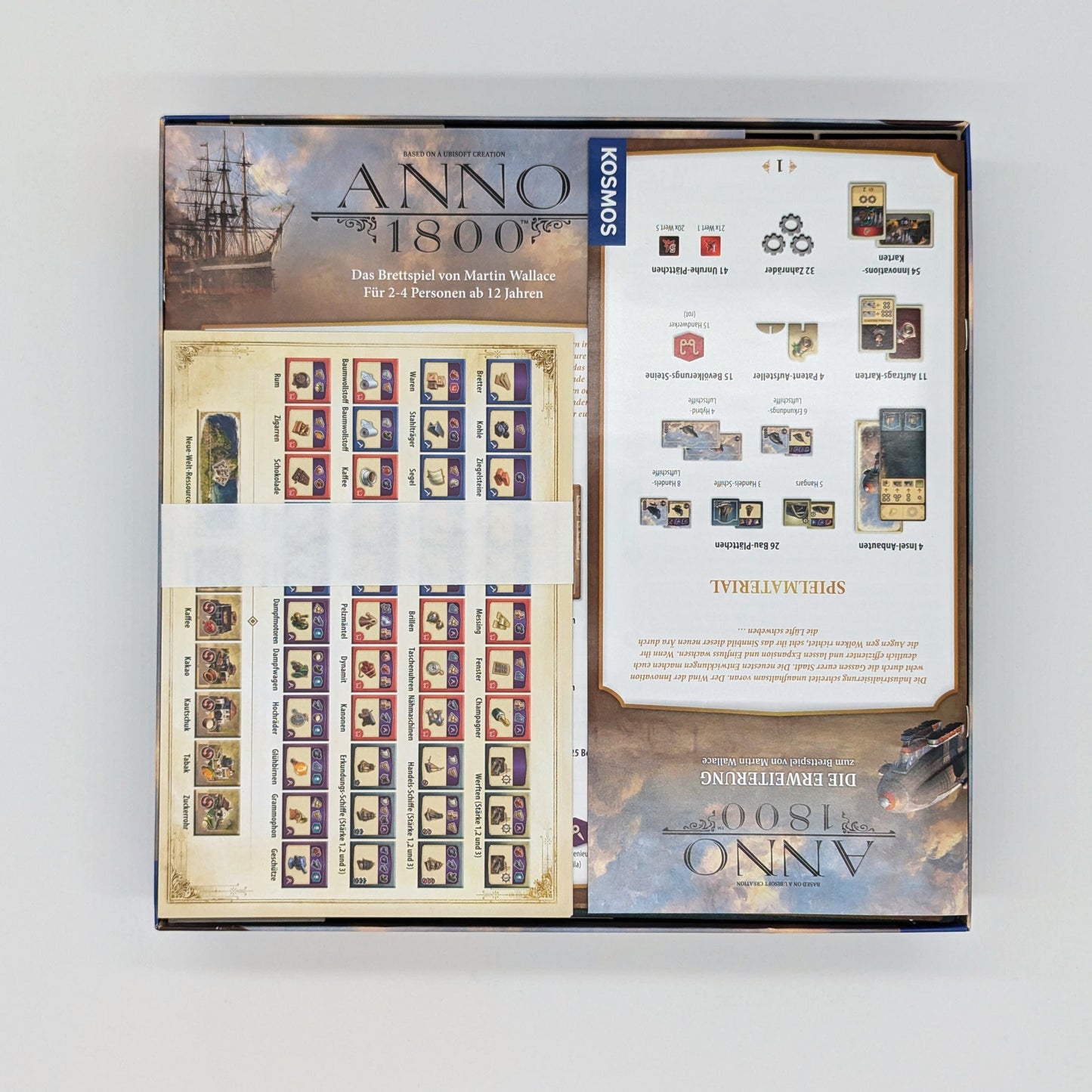 anno 1800 insert, draufsicht in spieleschachtel, komplett mit anleitung obendrauf