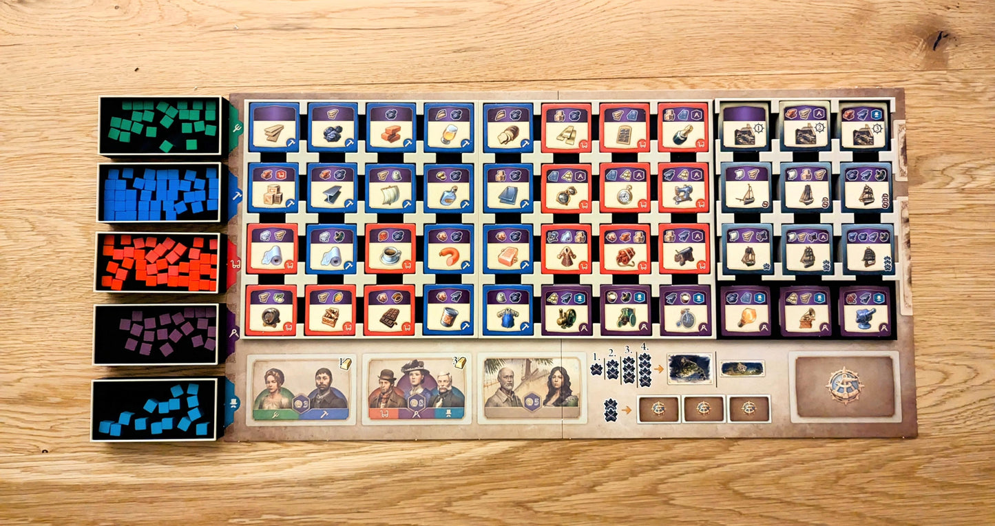 anno 1800, ansicht des spielbretts auf dem tisch, mit teilen des inserts